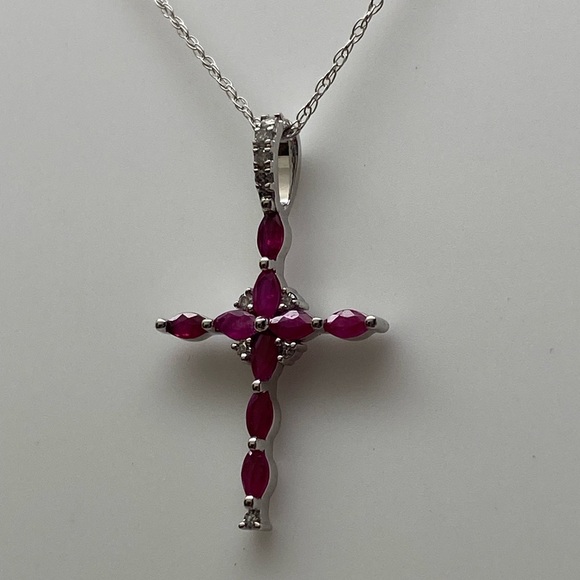 10K White Gold Marquise Shape Natural Ruby and Diamond Cross Pendant and Chain - Picture 2 of 8